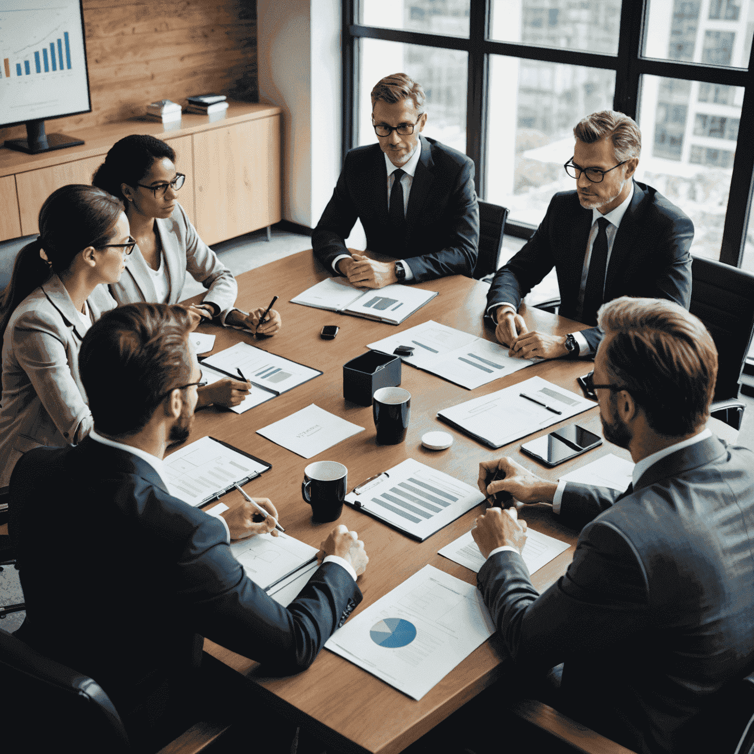 A team of professional consultants discussing business strategy around a conference table