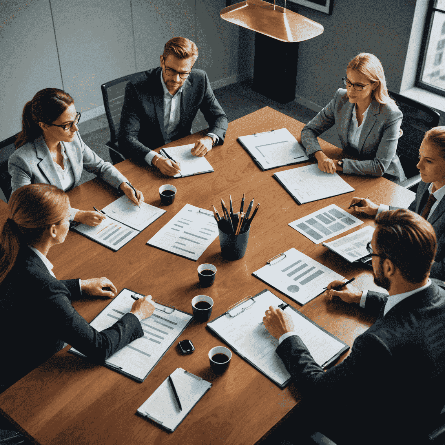 A team of business professionals gathered around a conference table, discussing strategic plans and goals for their company's future growth and success.