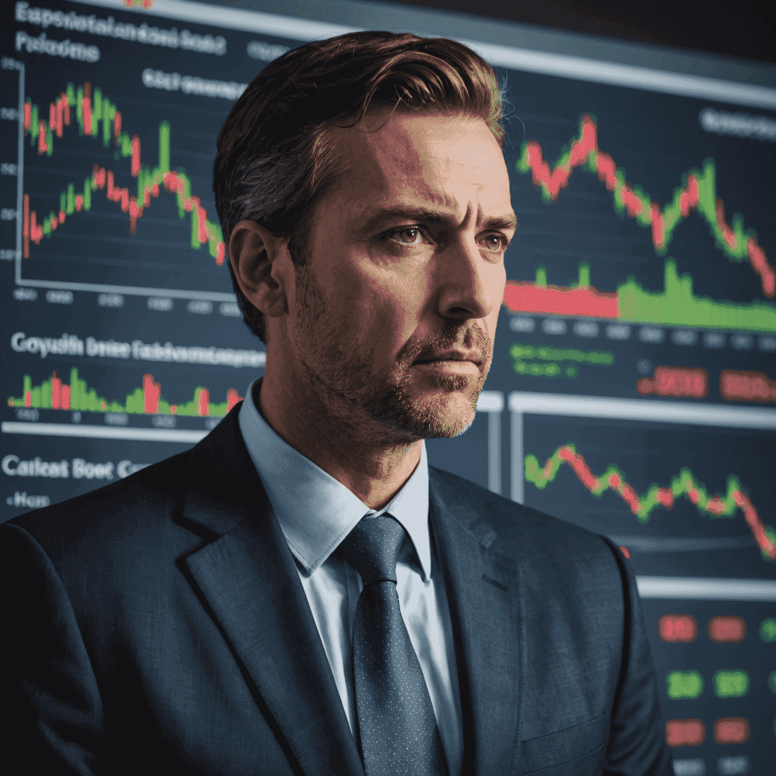 A graph showing financial market volatility with a businessman looking concerned in the foreground