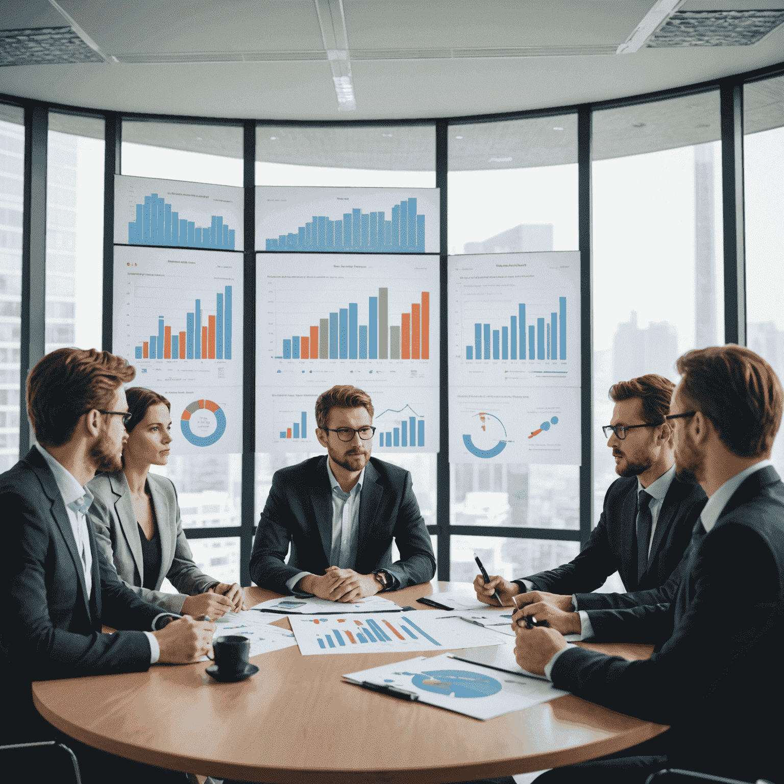 A team of management consultants discussing strategies around a conference table, with charts and graphs on a screen in the background