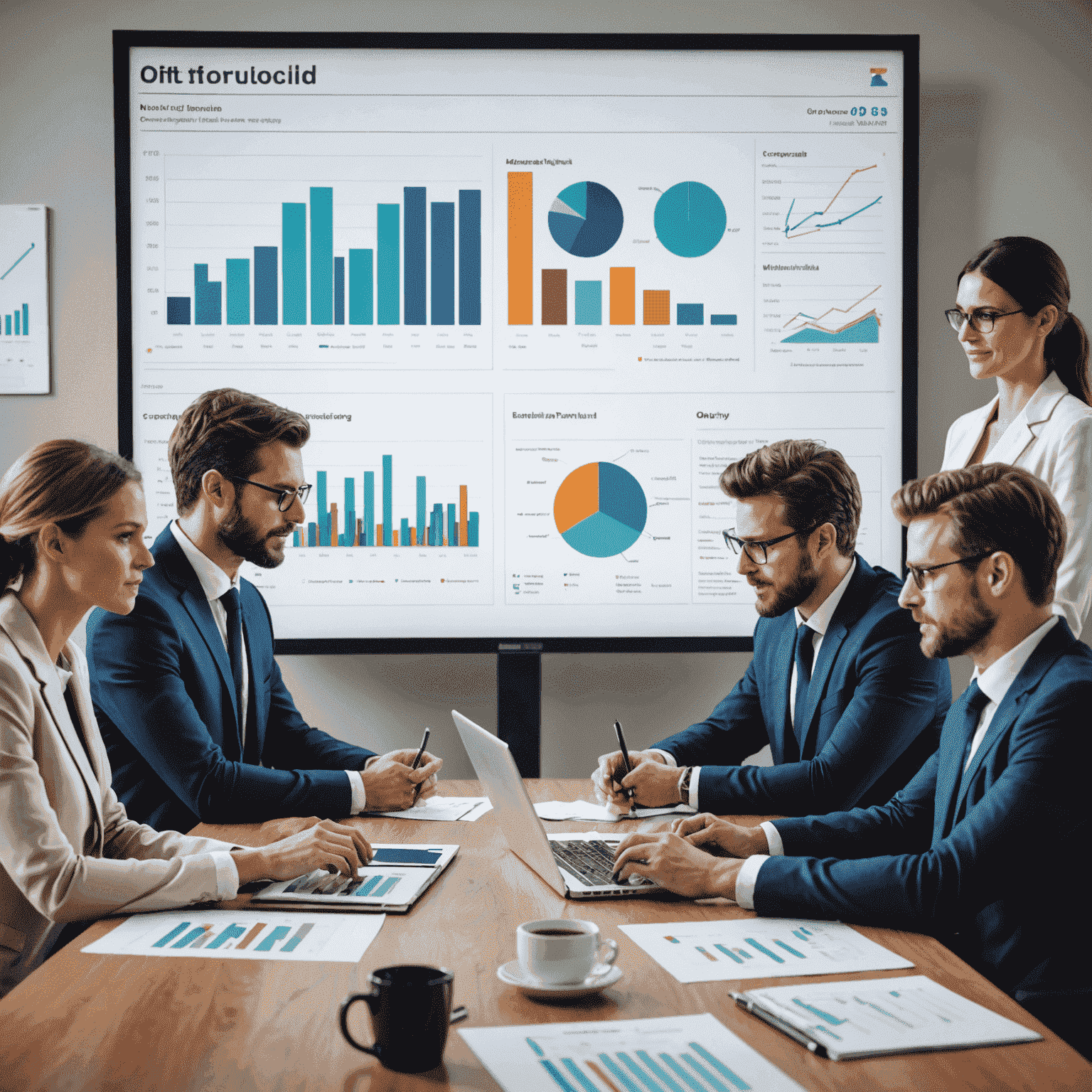 A team of financial professionals working together at a conference table, with charts and graphs on a screen in the background, representing the benefits of outsourcing financial management to experts.