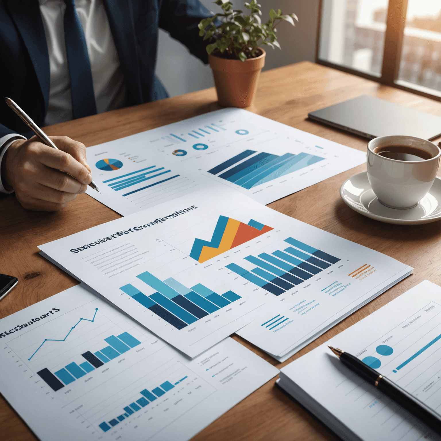 A visual representation of a company's successful transformation, showing graphs and charts indicating improved performance and growth