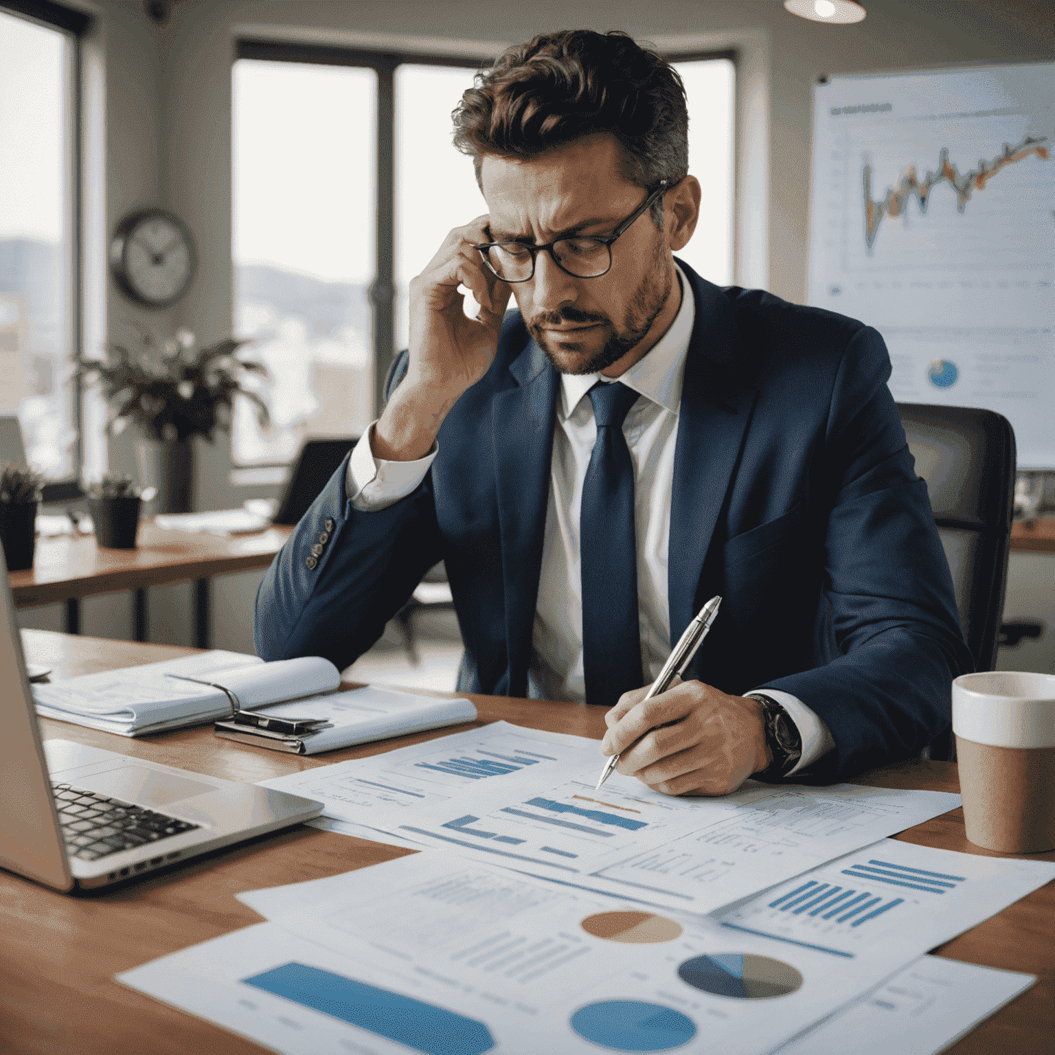 A stressed business owner reviewing financial documents and charts, trying to navigate the challenges posed by economic uncertainty.