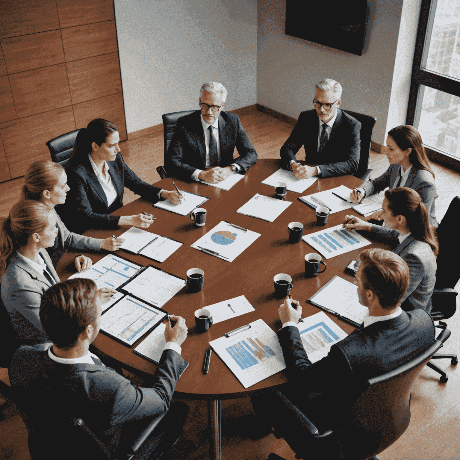 A team of business professionals gathered around a conference table, discussing and analyzing financial reports and strategic plans for their company's future growth and success.