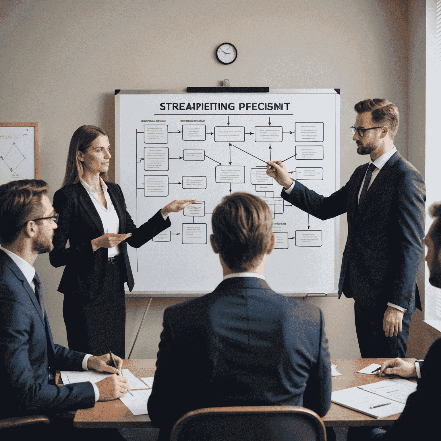 A management consultant presenting a streamlined process flow chart to a group of executives, demonstrating how to improve organizational efficiency.