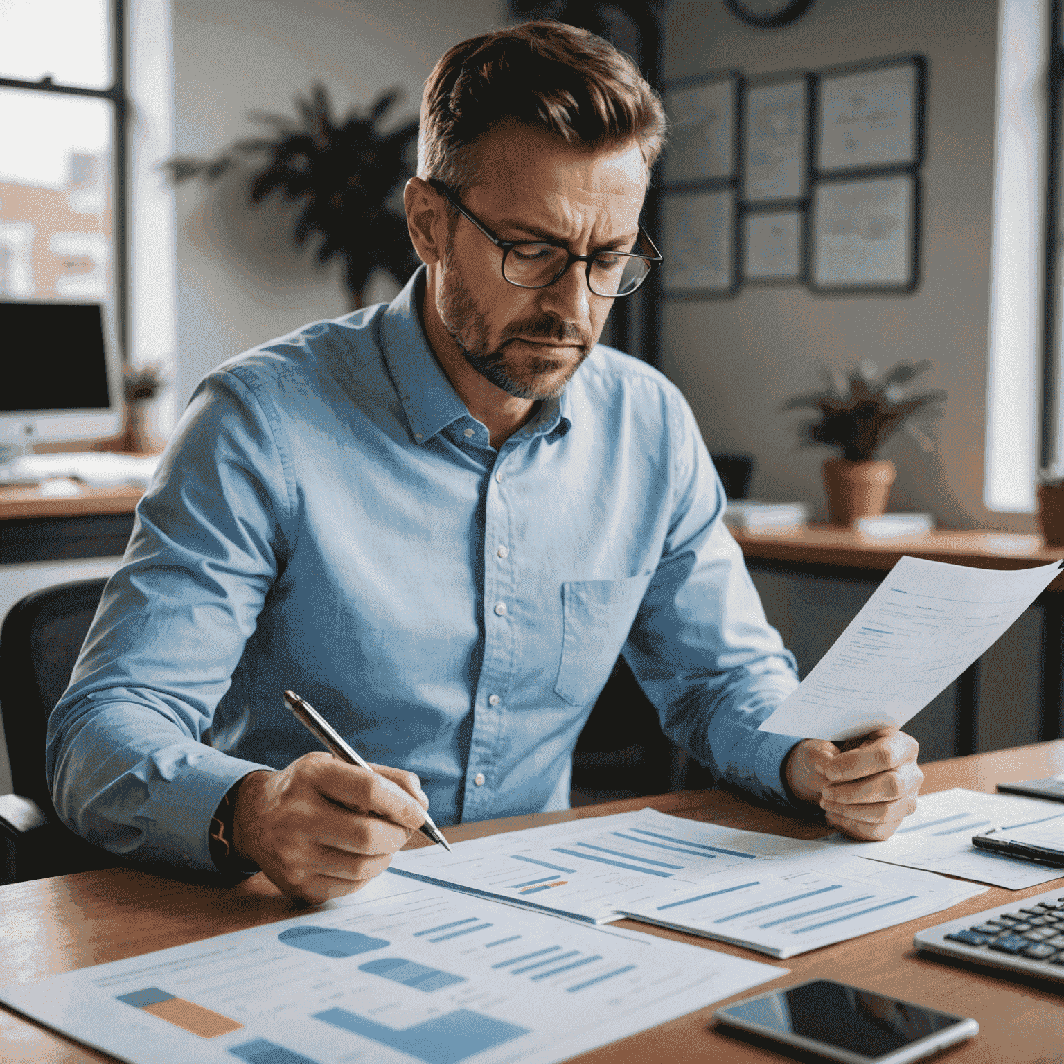 A stressed business owner reviewing financial documents and charts, trying to navigate the challenges posed by economic uncertainty and seeking expert guidance.